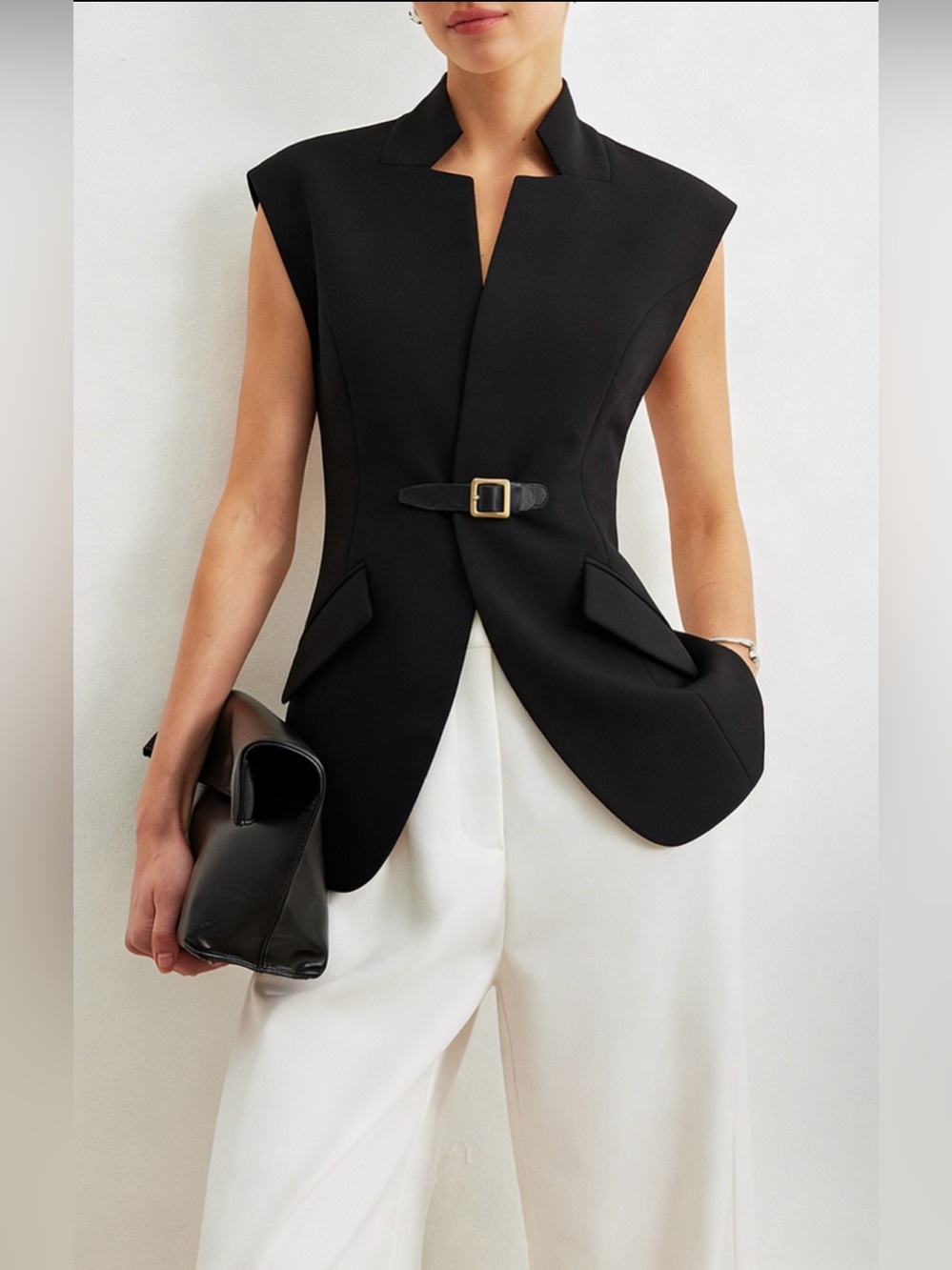 Commense Black Structured Sleeveless Vest with Waist Buckle